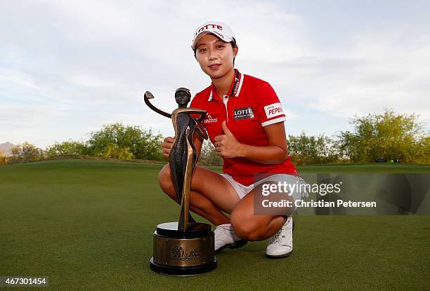 Hyo Joo Kim of South Korea poses with the LPGA Founders Cup trophy after winning in the final round at Wildfire Golf Club on March 22, 2015 in...