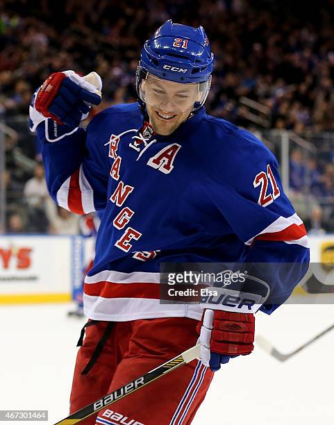 Derek Stepan of the New York Rangers celebrates his second goal of the game against the Anaheim Ducks on March 22, 2015 at Madison Square Garden in...