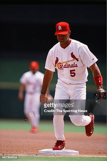 Albert Pujols of the St. Louis Cardinals fields against the San Diego Padres on August 30, 2001.