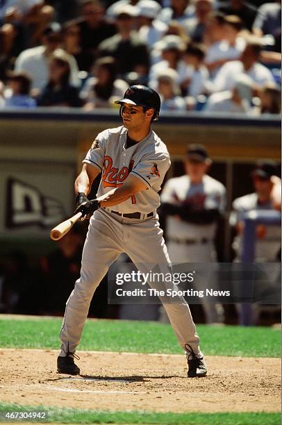 Brian Roberts of the Baltimore Orioles bats against the Chicago White Sox on July 1, 2001.