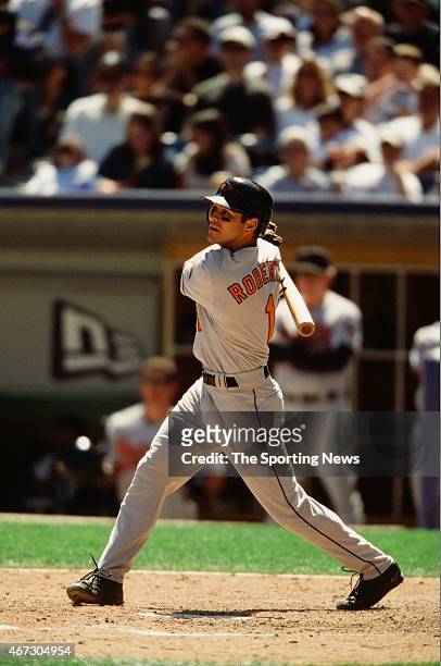 Brian Roberts of the Baltimore Orioles bats against the Chicago White Sox on July 1, 2001.
