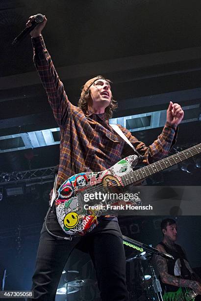 Singer Vic Fuentes of the American band Pierce the Veil performs live during a concert at the C-Club on March 22, 2015 in Berlin, Germany.