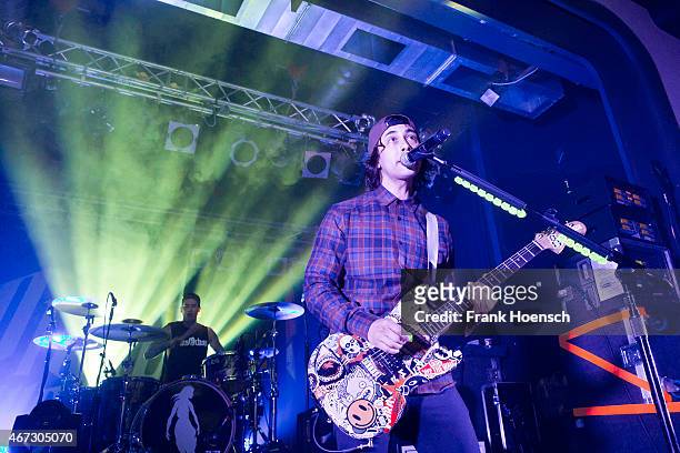 Singer Vic Fuentes of the American band Pierce the Veil performs live during a concert at the C-Club on March 22, 2015 in Berlin, Germany.