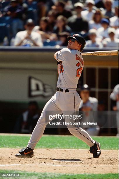 Jay Gibbons of the Baltimore Orioles bats against the Chicago White Sox on July 1, 2001.