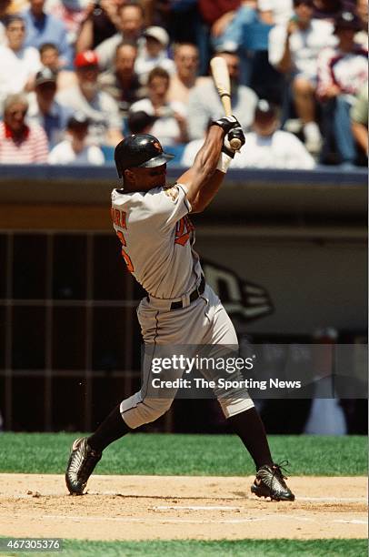 Melvin Mora of the Baltimore Orioles bats against the Chicago White Sox on July 1, 2001.