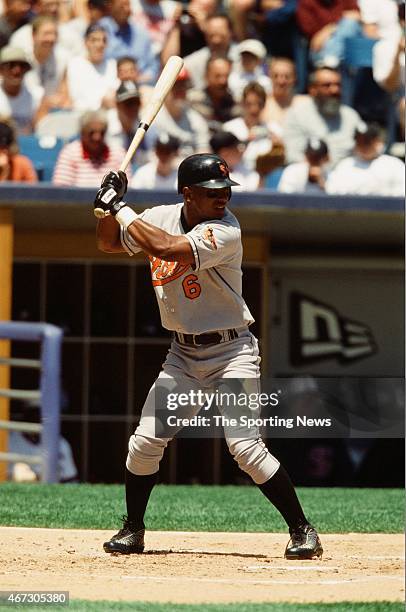 Melvin Mora of the Baltimore Orioles bats against the Chicago White Sox on July 1, 2001.