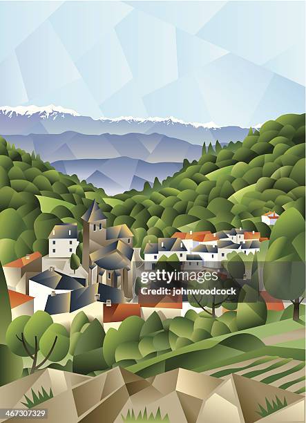 cubist french village - pyrenees stock illustrations