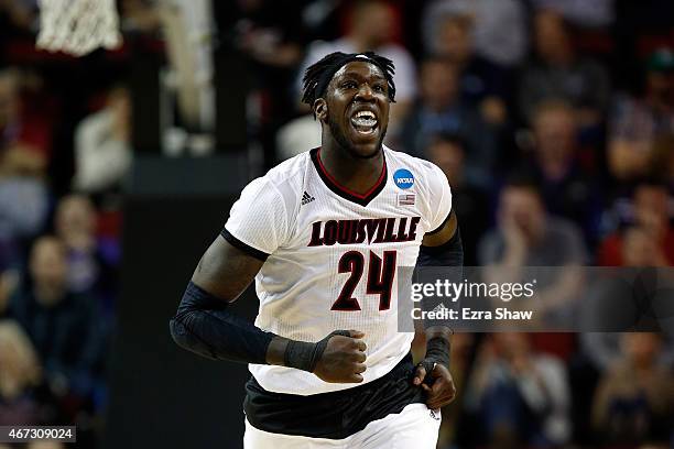 Montrezl Harrell of the Louisville Cardinals reacts after a shot in the first half of the game against the Northern Iowa Panthers during the third...