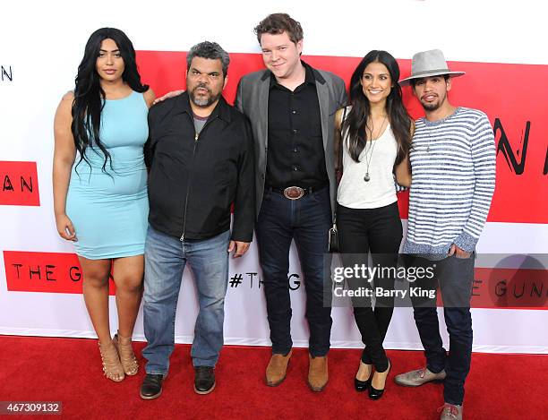 Actor Luis Guzman and son Cemi Briggs-Guzman and guests attend the premiere of 'The Gunman' at Regal Cinemas L.A. Live on March 12, 2015 in Los...