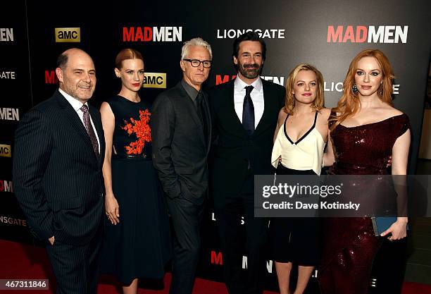 Matthew Weiner, January Jones, John Slattery, Jon Hamm, Elisabeth Moss and Christina Hendricks attend the "Mad Men" New York Special Screening at The...