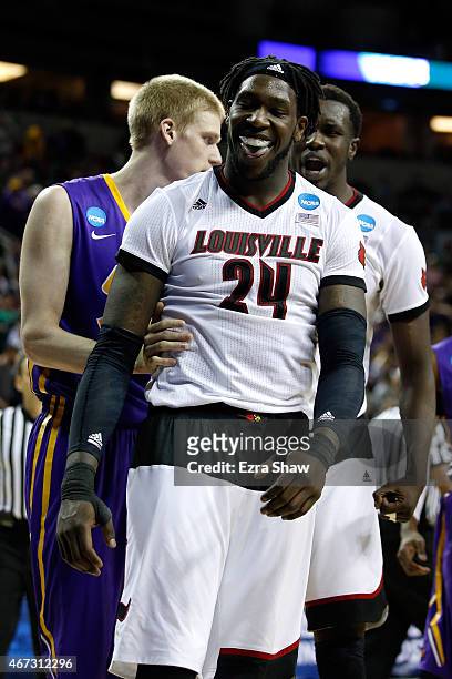 Montrezl Harrell of the Louisville Cardinals reacts after a dunk in the second half of the game against the Northern Iowa Panthers during the third...