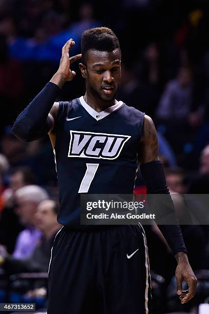 JeQuan Lewis of the Virginia Commonwealth Rams looks on during a quarterfinal game against the Richmond Spiders in the 2015 Men's Atlantic 10...