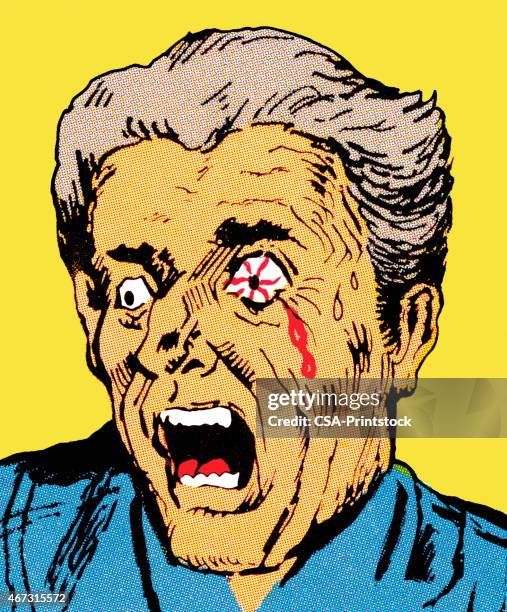 ilustraciones, imágenes clip art, dibujos animados e iconos de stock de hombre con hemorragia ocular - ojos rojos