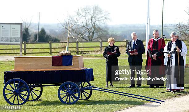 Prince Richard, Duke of Gloucester stands alongside the coffin containing the remains of King Richard III during a service at Bosworth Battlefield...