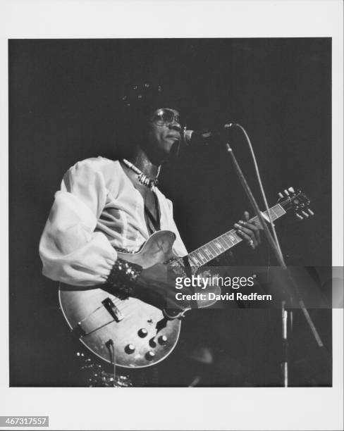 American blues and funk musician Johnny 'Guitar' Watson on stage, circa 1975.