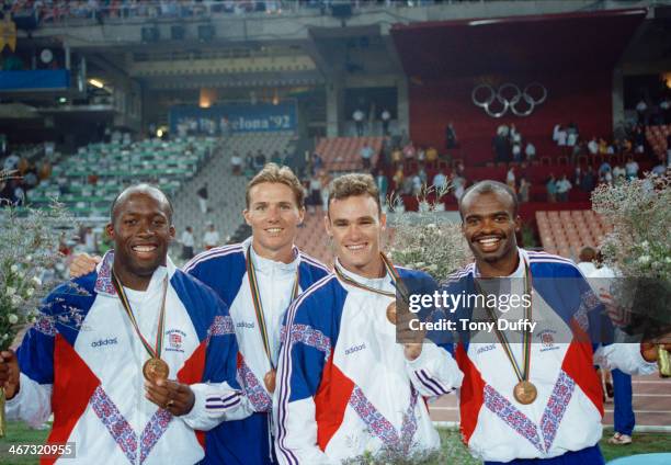 The British team take the bronze medal in the 4×400 metres relay at the 1992 Summer Olympics in Barcelona.