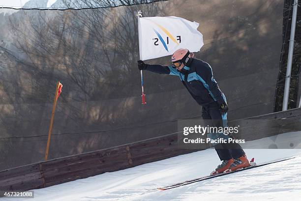 Flag carrier at FIS World Cup Planica Flying Hill Individual Ski Jumping. Ski jumping is a form of nordic skiing in which athletes descend a take-off...