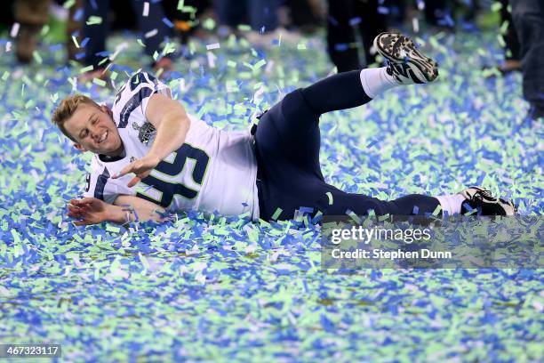 Long snapper Clint Gresham of the Seattle Seahawks celebrates their 43-8 victory over the Denver Broncos to win Super Bowl XLVIII at MetLife Stadium...