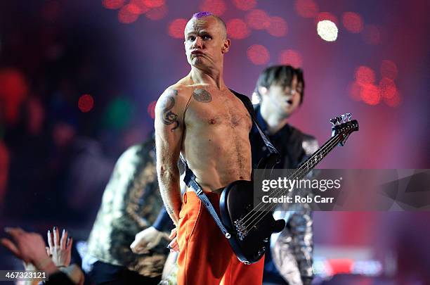 Flea of the Red Hot Chili Peppers performs during the Pepsi Super Bowl XLVIII Halftime Show at MetLife Stadium on February 2, 2014 in East...