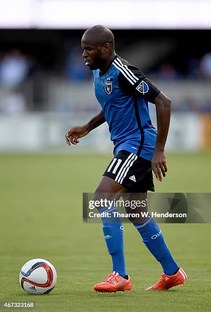 Innocent Emeghara of San Jose Earthquakes looks to attack the goal against the Chicago Fire during the second half at Avaya Stadium on March 22, 2015...