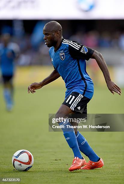 Innocent Emeghara of San Jose Earthquakes looks to attack the goal against the Chicago Fire during the second half at Avaya Stadium on March 22, 2015...