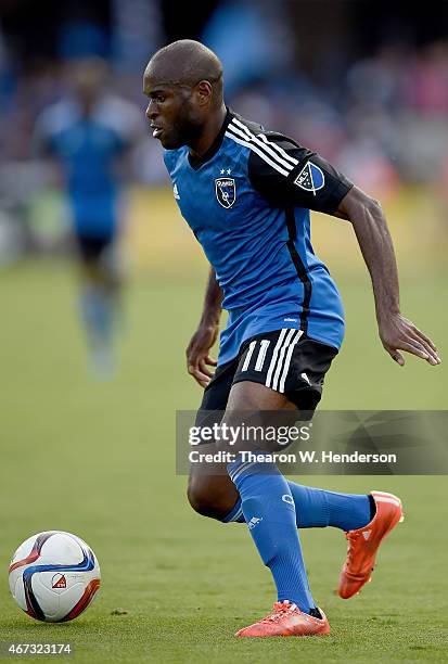 Innocent Emeghara of San Jose Earthquakes looks to attack the goal against the Chicago Fire during the second half at Avaya Stadium on March 22, 2015...