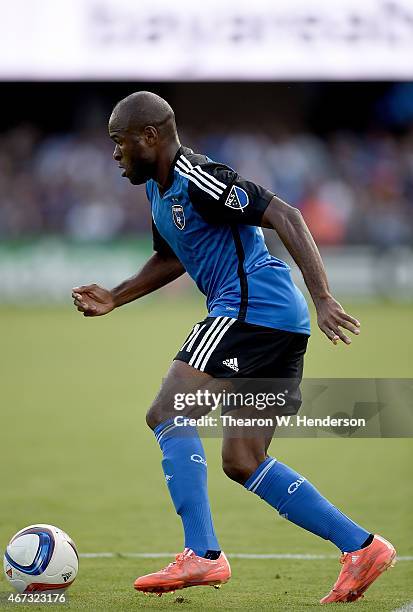 Innocent Emeghara of San Jose Earthquakes looks to attack the goal against the Chicago Fire during the second half at Avaya Stadium on March 22, 2015...