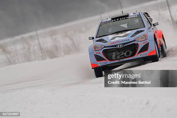 Juho Hanninen of Finland and Tomi Tuominen of Finland compete in their Hyundai Motorsport Hyundai ì20 WRC during Day One of the WRC Sweden on...