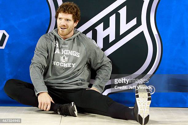 Colin Fraser of the Los Angeles Kings of the Los Angeles Kings stretches before the game against the Anaheim Ducks during the 2014 Coors Light NHL...