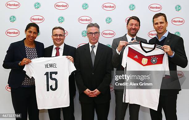 Director Steffi Jones, Henkel CFO Carsten Knobel, DFB Secretary General Helmut Sandrock, Henkel CEO Kasper Rorsted and Oliver Bierhoff, manager of...