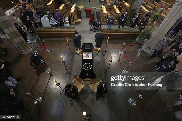 Honour guards by members of the British Legion stand by the coffin of King Richard III as the public view it in repose inside Leicester Cathedral on...