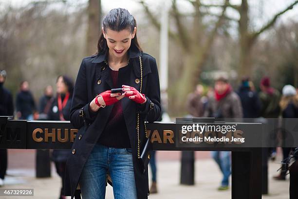 Brazilian model Eloisa Birleanu exits Julien Macdonald show in Prada the during London Fashion Week Fall/Winter 2015/16 at the Foreign and...