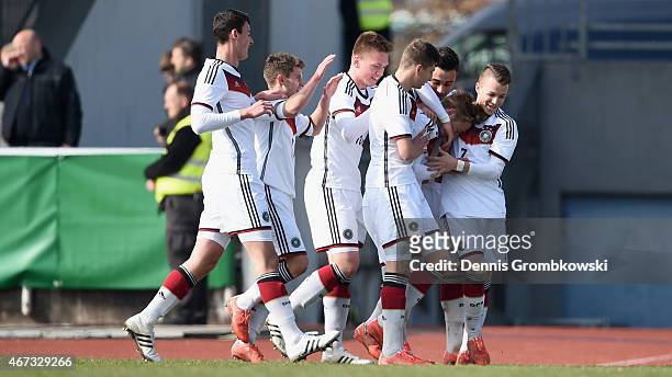 Felix Passlack of Germany celebrates as he scores the opening goal during the UEFA Under 17 Elite Round match between Germany and Ukraine at...