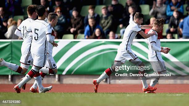 Felix Passlack of Germany celebrates as he scores the opening goal during the UEFA Under 17 Elite Round match between Germany and Ukraine at...