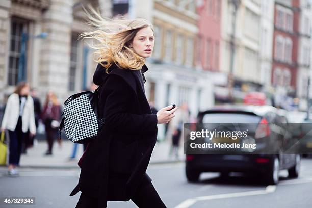 Model Melina Gesto exits the David Koma show during London Fashion Week Fall/Winter 2015/16 at Somerset House on February 22, 2015 in London, England.