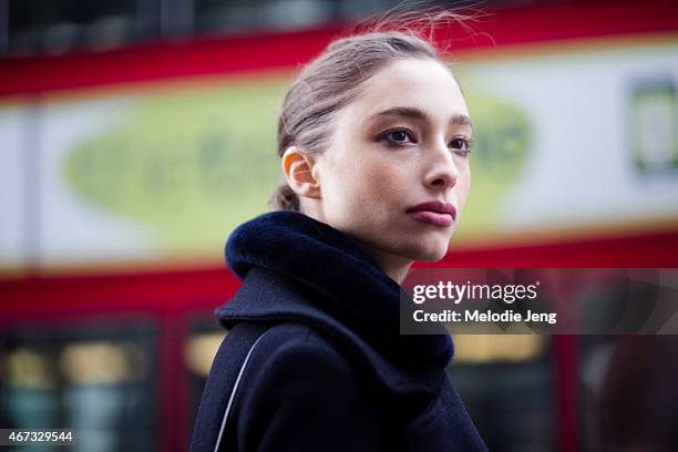 Model Alexandra Agoston exits the Emilio De La Morena show during London Fashion Week Fall/Winter 2015/16 at Somerset House on February 24, 2015 in...