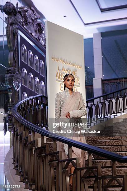 Model walks the runway during the Anamika Khanna Grand Finale show on day 5 of Lakme Fashion Week Summer/Resort 2015 at Palladium Hotel on March 22,...