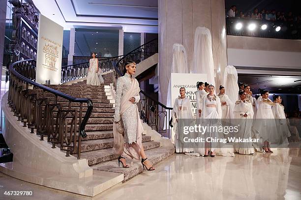 Model walks the runway during the Anamika Khanna Grand Finale show on day 5 of Lakme Fashion Week Summer/Resort 2015 at Palladium Hotel on March 22,...