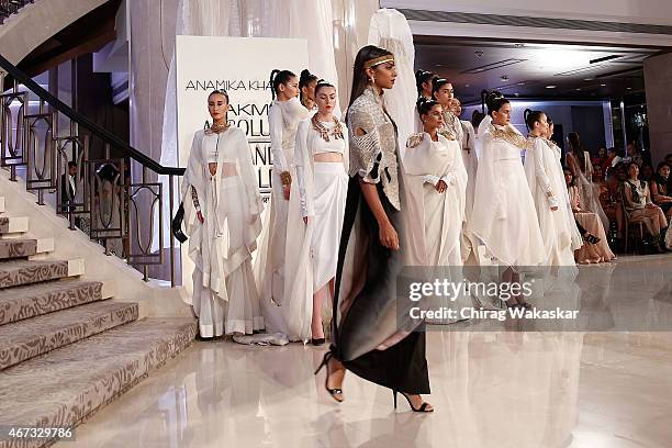 Model walks the runway during the Anamika Khanna Grand Finale show on day 5 of Lakme Fashion Week Summer/Resort 2015 at Palladium Hotel on March 22,...