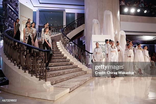 Model walks the runway during the Anamika Khanna Grand Finale show on day 5 of Lakme Fashion Week Summer/Resort 2015 at Palladium Hotel on March 22,...