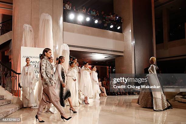 Model walks the runway during the Anamika Khanna Grand Finale show on day 5 of Lakme Fashion Week Summer/Resort 2015 at Palladium Hotel on March 22,...