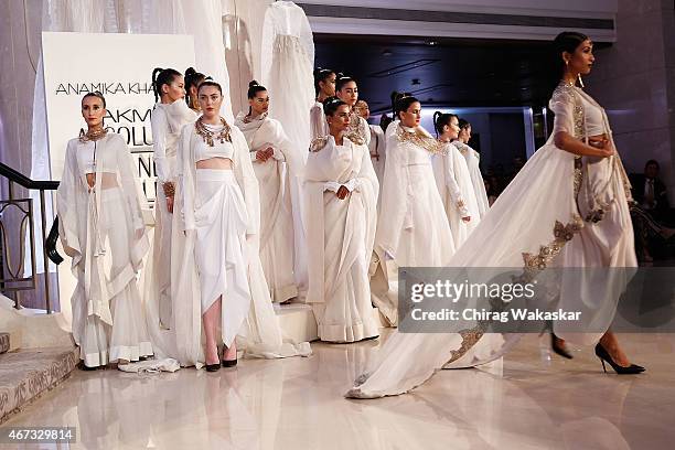 Model walks the runway during the Anamika Khanna Grand Finale show on day 5 of Lakme Fashion Week Summer/Resort 2015 at Palladium Hotel on March 22,...