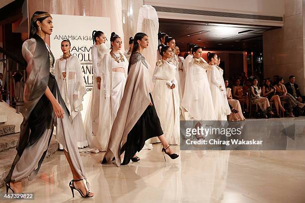 Model walks the runway during the Anamika Khanna Grand Finale show on day 5 of Lakme Fashion Week Summer/Resort 2015 at Palladium Hotel on March 22,...