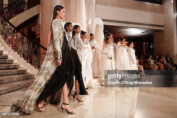 Model walks the runway during the Anamika Khanna Grand Finale show on day 5 of Lakme Fashion Week Summer/Resort 2015 at Palladium Hotel on March 22,...