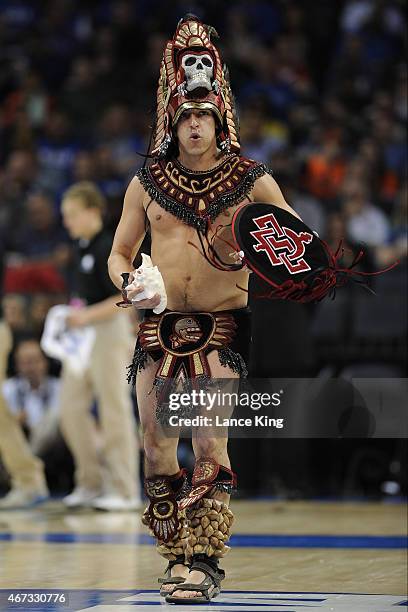 The mascot of the San Diego State Aztecs performs against the Duke Blue Devils during the third round of the 2015 NCAA Men's Basketball Tournament at...