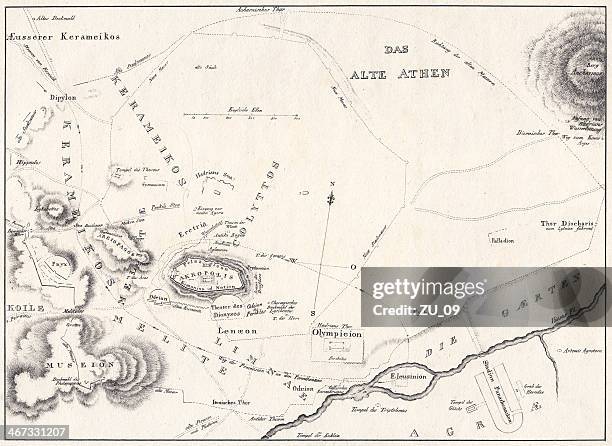 map of the ancient athens, lithograph, published c.1830 - athens stock illustrations