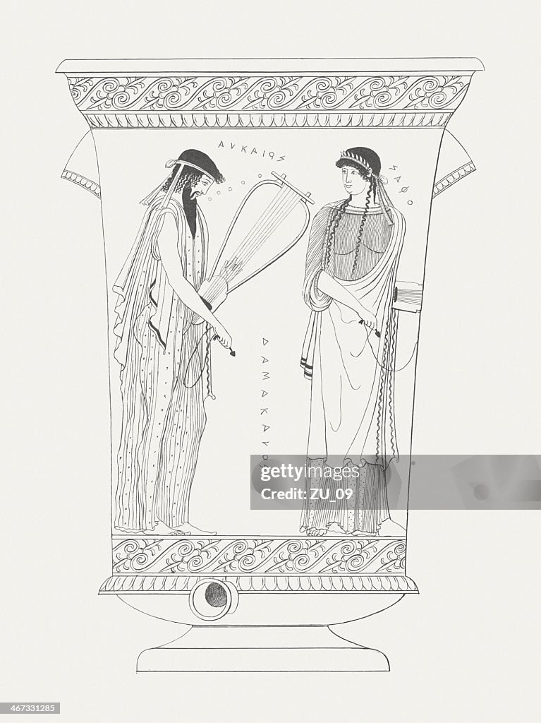 Alcaeus and Sappho, Attic red-figure kalathos, c.470 BC, lithograph, c.1830