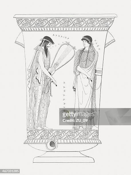 alcaeus and sappho, attic red-figure kalathos, c.470 bc, lithograph, c.1830 - house for an art lover stock illustrations