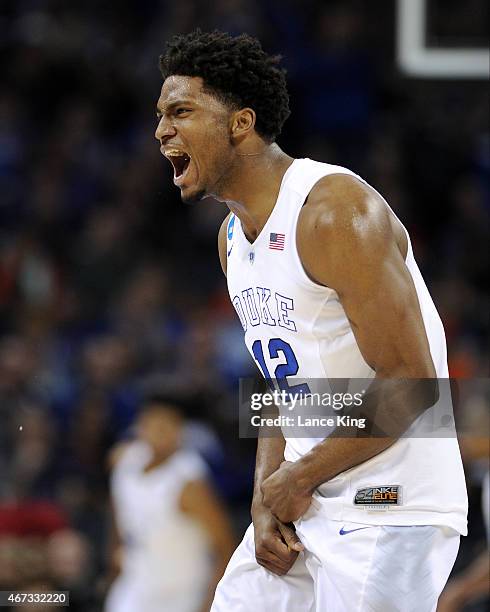 Justise Winslow of the Duke Blue Devils celebrates following a play against the San Diego State Aztecs during the third round of the 2015 NCAA Men's...