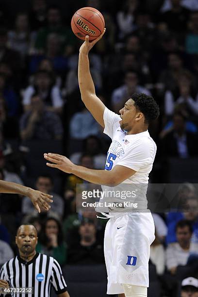 Jahlil Okafor of the Duke Blue Devils puts up a shot against the San Diego State Aztecs during the third round of the 2015 NCAA Men's Basketball...